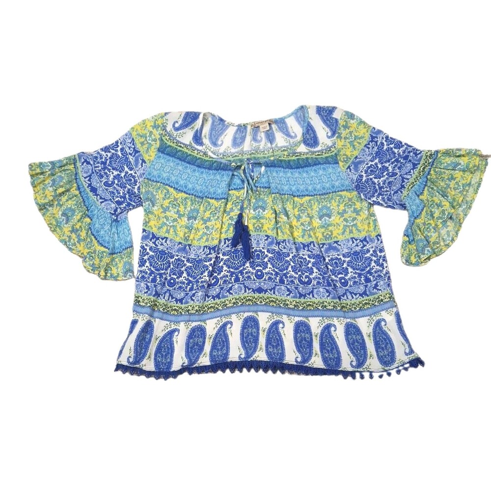 ​ENERGE WORLD WEAR WOMENS PM BLOUSE PAISLEY BOHO TASSEL BELL SLEEVE RAYON TOP...